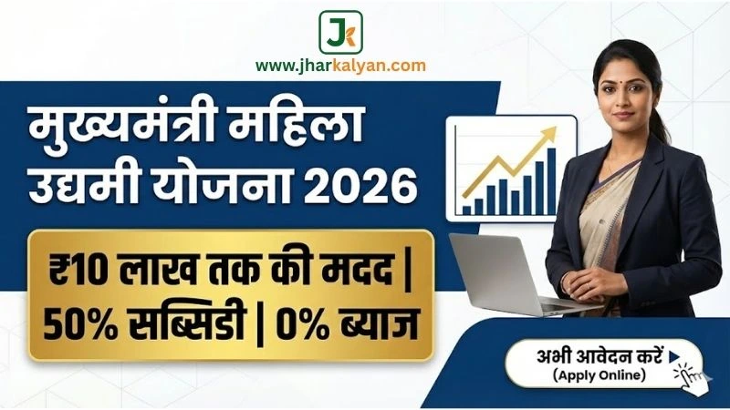 Mukhyamantri Mahila Udyami Yojana Bihar 2026 official banner showing 10 lakh loan details and 50% subsidy by Udyog Vibhag.